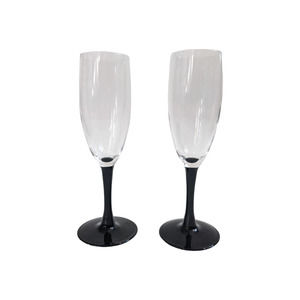 Vintage Black Stem‎ Champagne Glasses, Set of 2, 80's Art Deco Barware